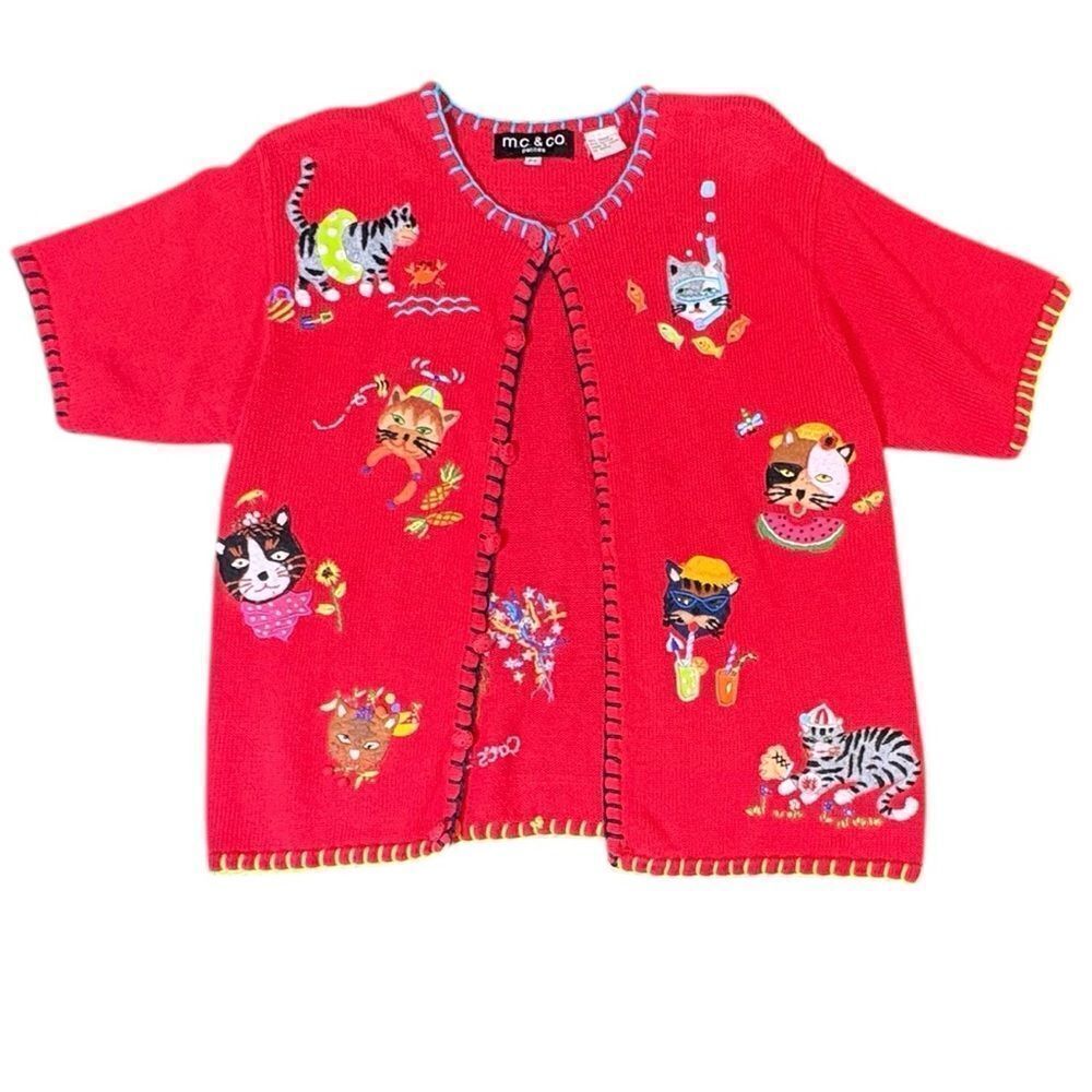 Vintage Kitten Embroidered Cat Sweater Cardigan  Novelty M.C. & Co PS Red